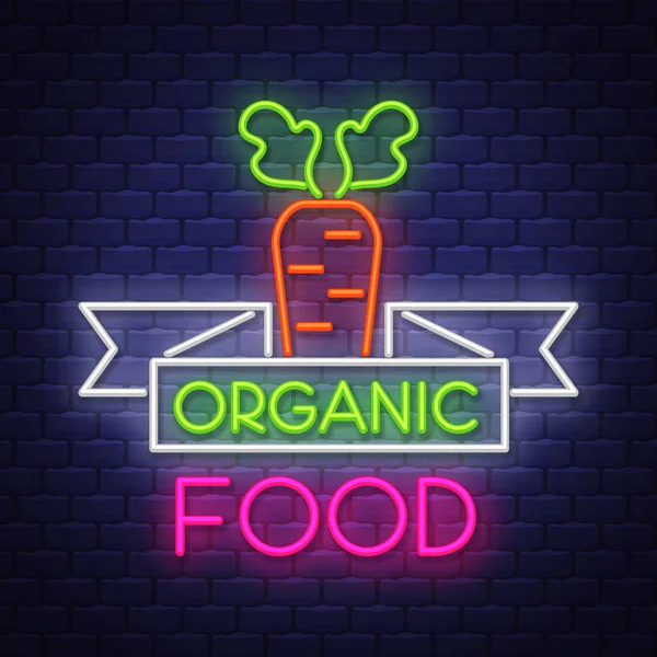 Organic food - Neon znak wektora Cegła tle muru — Wektor stockowy