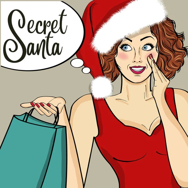 Секретна Санта-дівчина з подарунками. Поп-арт — стоковий вектор