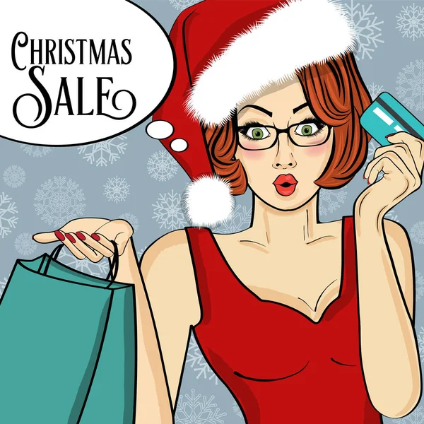 Cartaz promocional de "venda de Natal" com pop art Santa girl — Vetor de Stock
