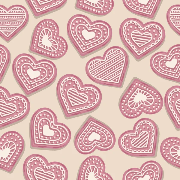 Liebe nahtlose Muster mit rosa Herzkeksen — Stockvektor
