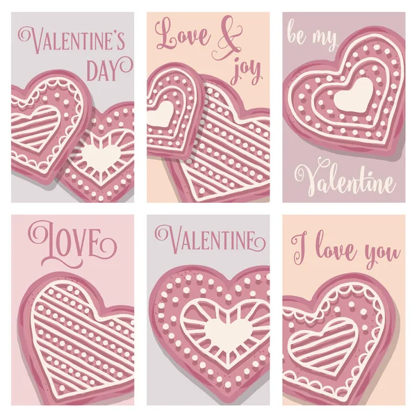 Collezione Love Card con biscotti al cuore rosa — Vettoriale Stock