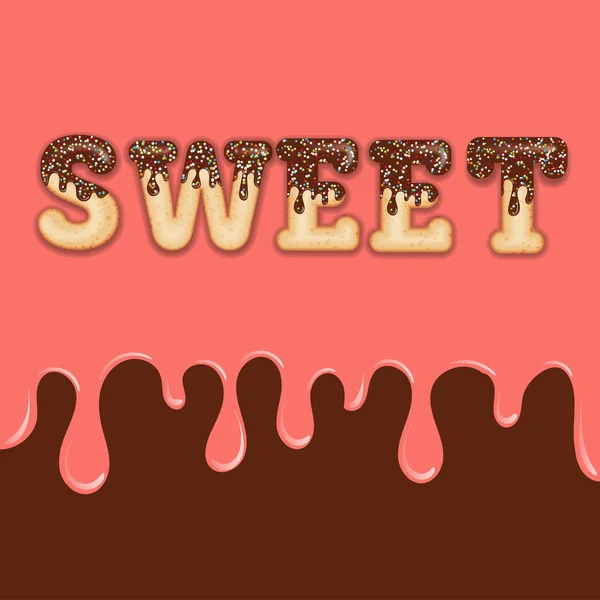 Δελεαστική τυπογραφία. Κείμενο για το κερασάκι. Λέξη "γλυκό" με σοκολάτα — Διανυσματικό Αρχείο