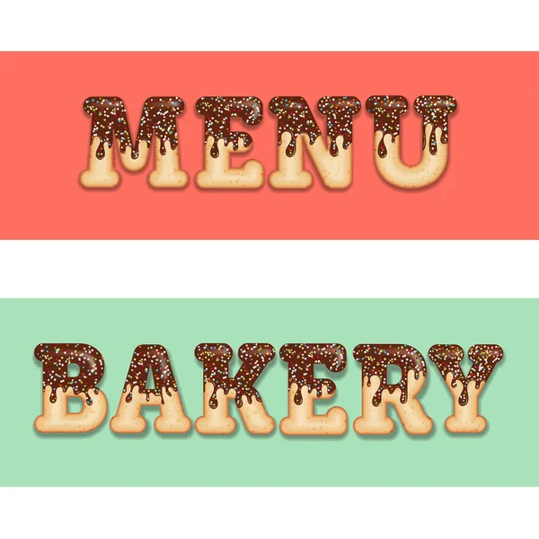 Tempting  typography. Icing text. Words "menu" and "bakery" glaz — Stock Vector