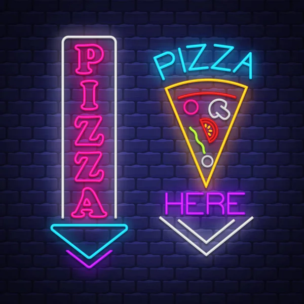 Pizza sign collection  - Neon Sign Vector on brick wall backgrou — Stock Vector