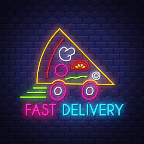 Pizza Fast Delivery - Leuchtreklame Vektor auf Backsteinwand Hintergrund — Stockvektor