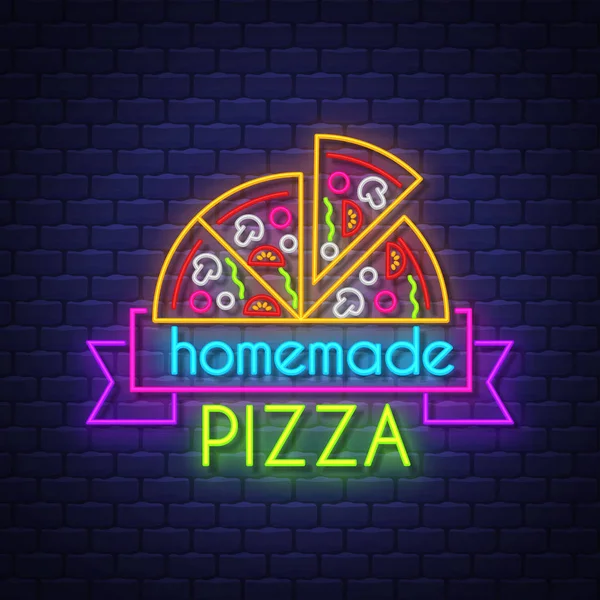 Homemade Pizza - Neon Sign Vector on brick wall background — Stock Vector