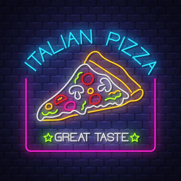 Italienska pizza-Neon Sign Vector på tegel vägg bakgrund — Stock vektor