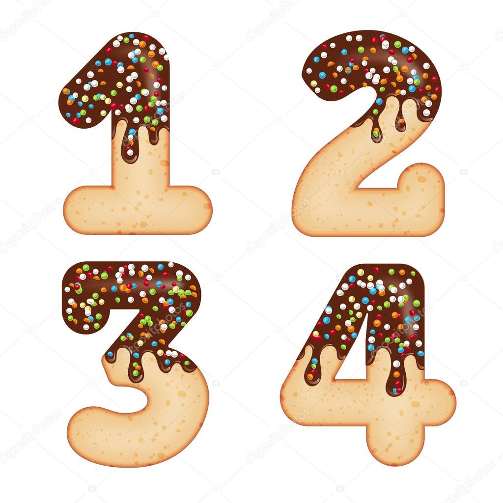 Tempting typography. Font design. 3D donut numbers one, two, thr