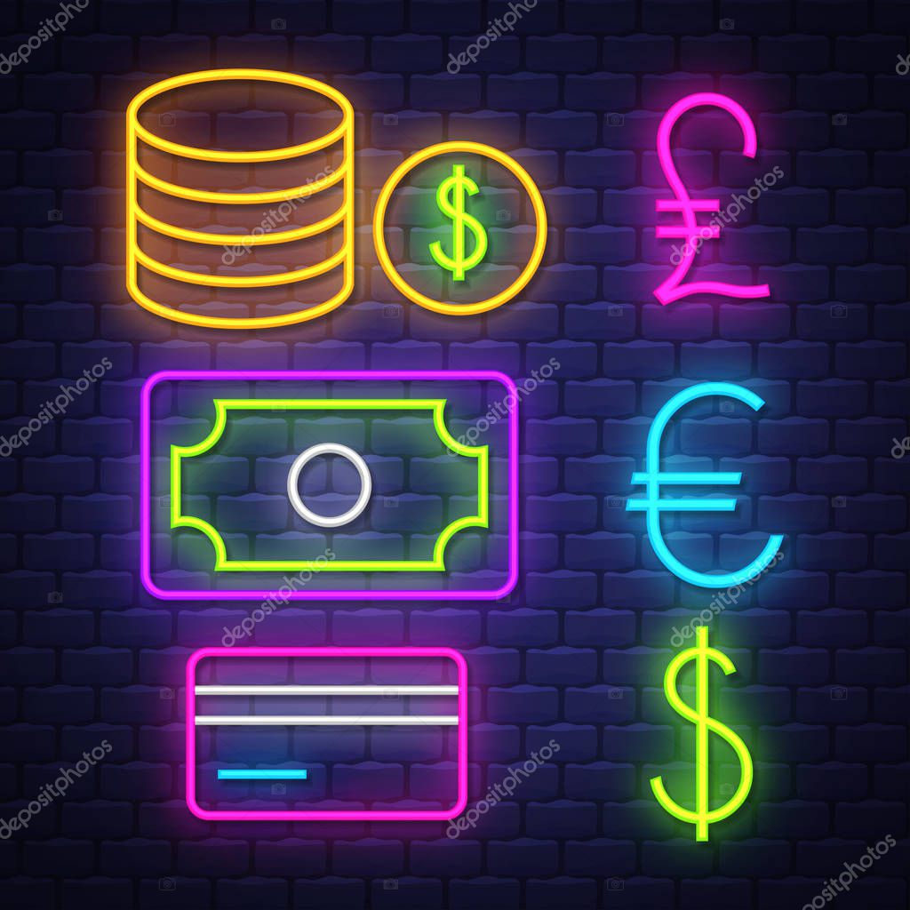 Money and banking neon signs collection. Money and banking  signs. Neon signs. Vector