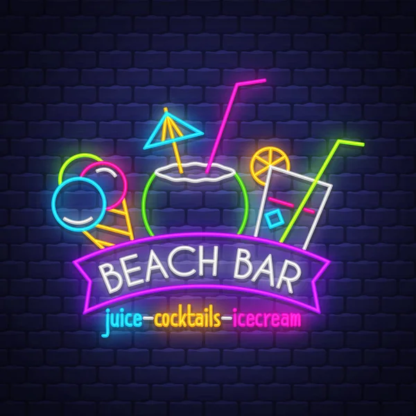 Bar sulla spiaggia. Banner per le vacanze estive. Stendardo al neon. Insegna al neon . — Vettoriale Stock