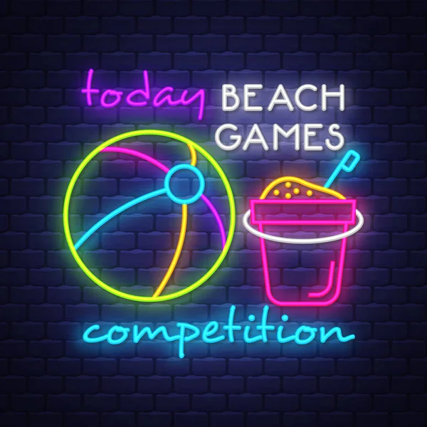 Competição de jogos de praia. Banner de férias de verão. Bandeira de néon. Sinal de néon — Vetor de Stock