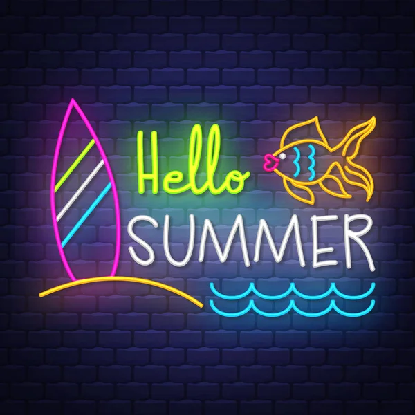 Hello summer. Summer holiday banner. Neon banner. Neon sign — Stock Vector