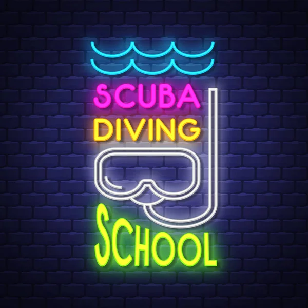 Scuba Diving School. Zomer vakantie banner. Neon banner. Neon teken. — Stockvector