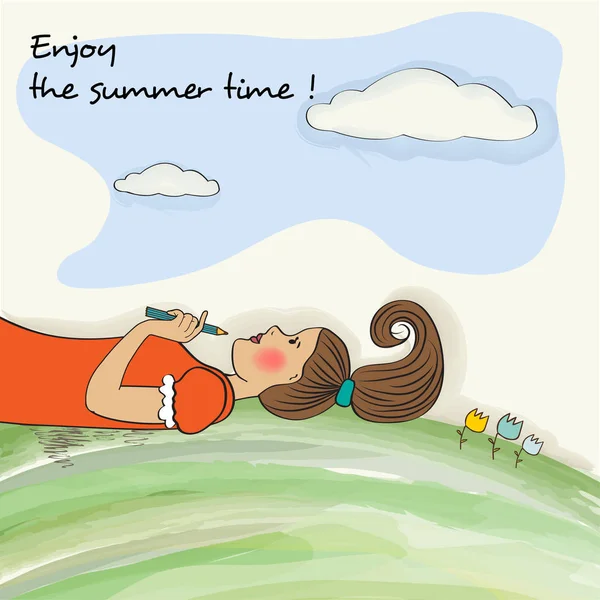 Menina romântica desfrutar do tempo de verão. Banner aquarela — Vetor de Stock