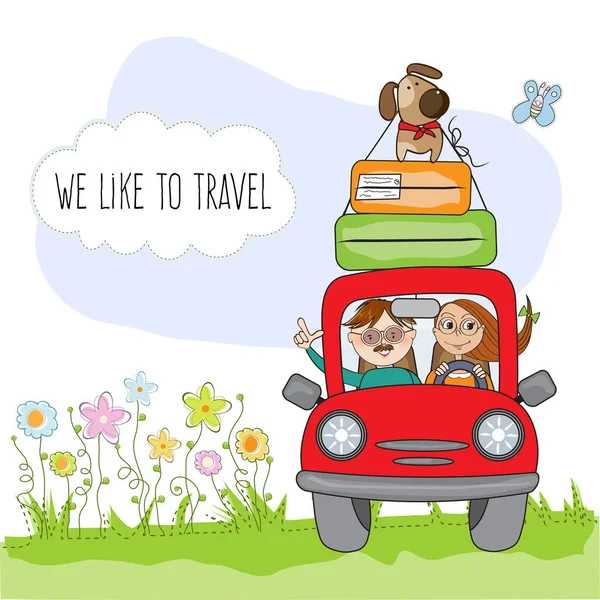 幸福的夫妇与他们的狗旅行与有趣的红色汽车。夏天 — 图库矢量图片