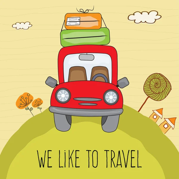 Yolda bavulları olan kırmızı araba. Yaz tatili afişi — Stok Vektör