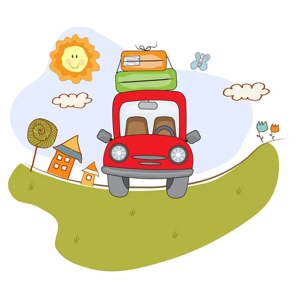 Красная машина с чемоданами на дороге. Плакат летнего отдыха — стоковый вектор
