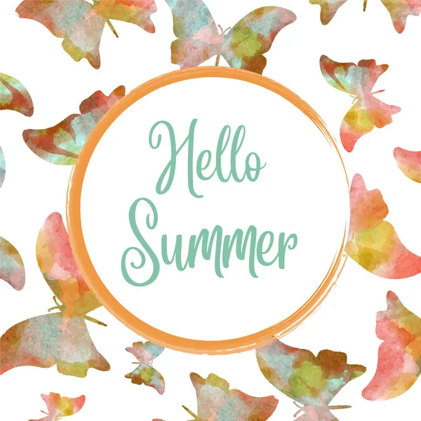 Hallo Sommer. Aquarell-Banner mit Schmetterlingen — Stockvektor
