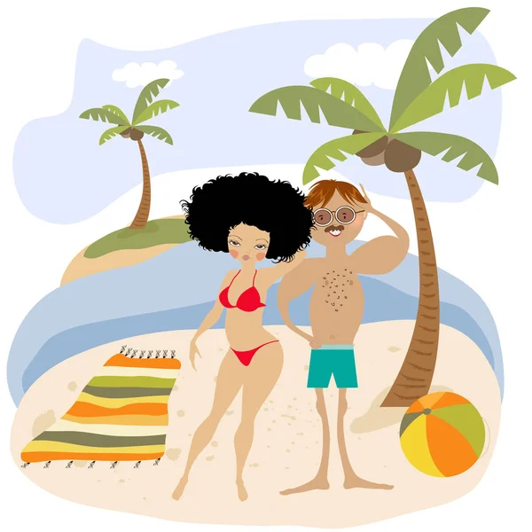 Sexy couple on the beach. Summer holiday poster — Stock Vector