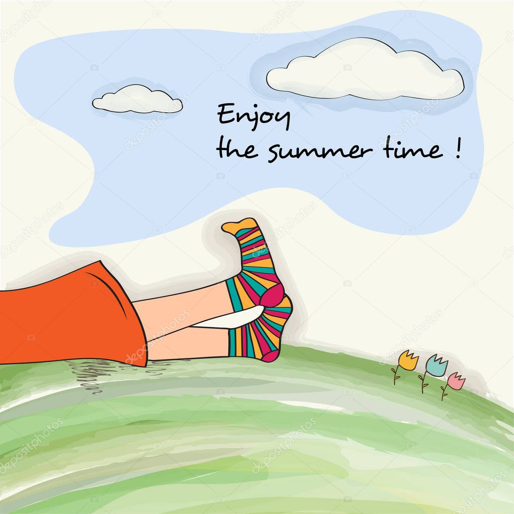 Funny  feet on green grass. Watercolor summer holiday poster