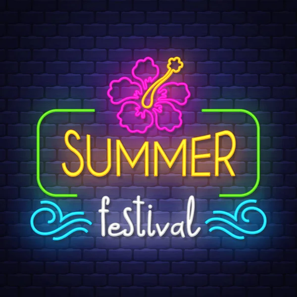 Festival d'été. Bannière vacances d'été. Bannière au néon. Signe néon . — Image vectorielle