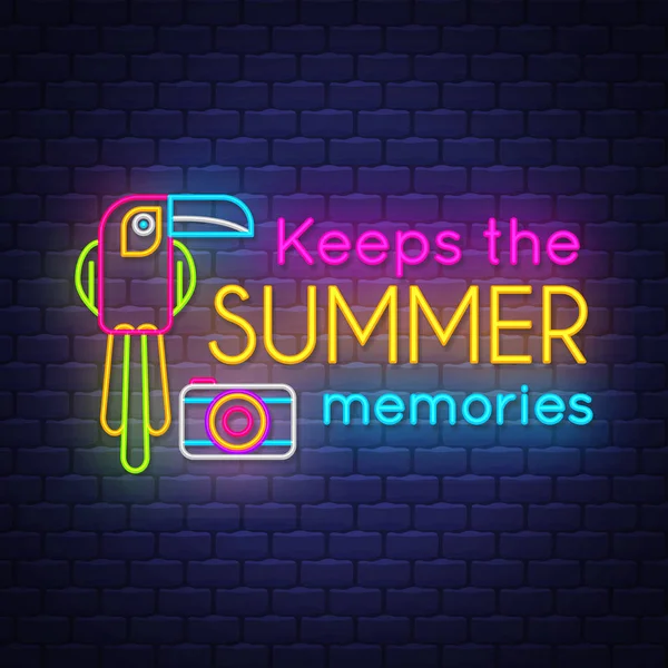 Mantiene los recuerdos del verano. Banner de vacaciones de verano. Banner de neón . — Vector de stock