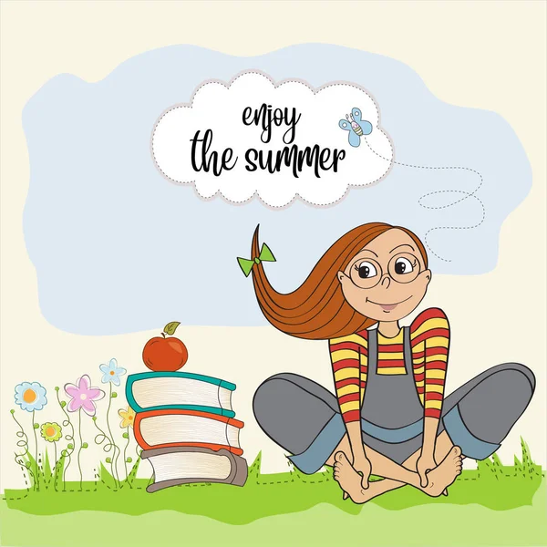 Adolescente avec de nombreux livres profiter de l'été . — Image vectorielle