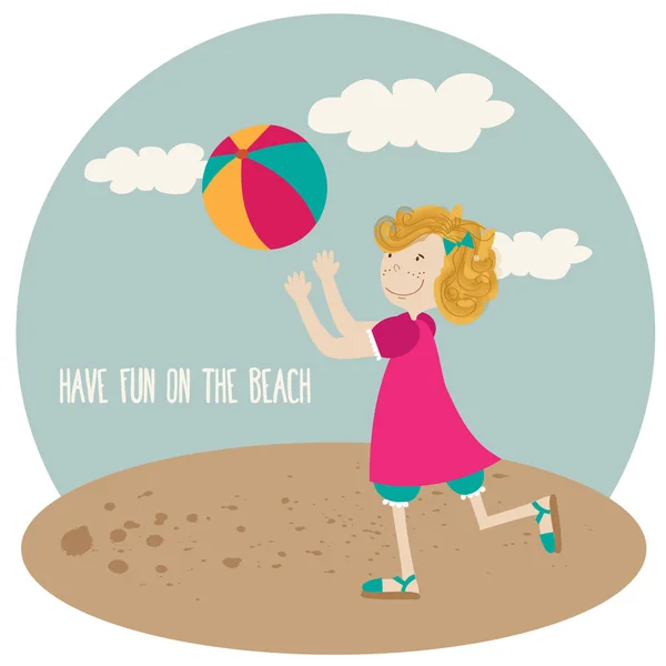 かわいい女の子がボールを弾く、夏休みポスター — ストックベクタ