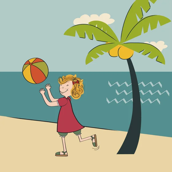 かわいい女の子は、ビーチでボールを再生し、夏休みのポスター — ストックベクタ