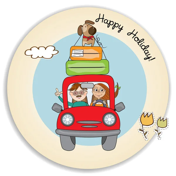 Glückliches Paar mit Hund, das mit lustigem roten Auto unterwegs ist. Sommer — Stockvektor