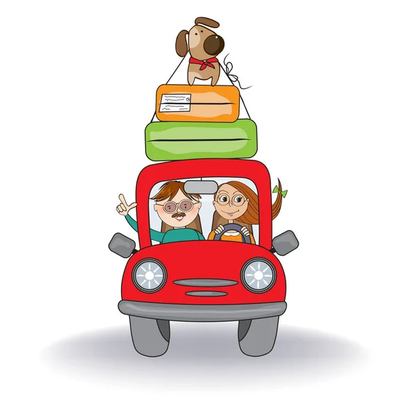 面白い赤い車で旅行する彼らの犬と幸せなカップル。夏 — ストックベクタ