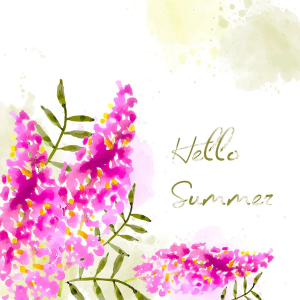 Hola verano. Banner de acuarela con flores — Vector de stock