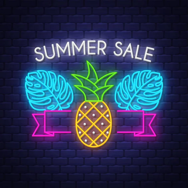 Banner de venda de verão. Letras de sinais de néon —  Vetores de Stock