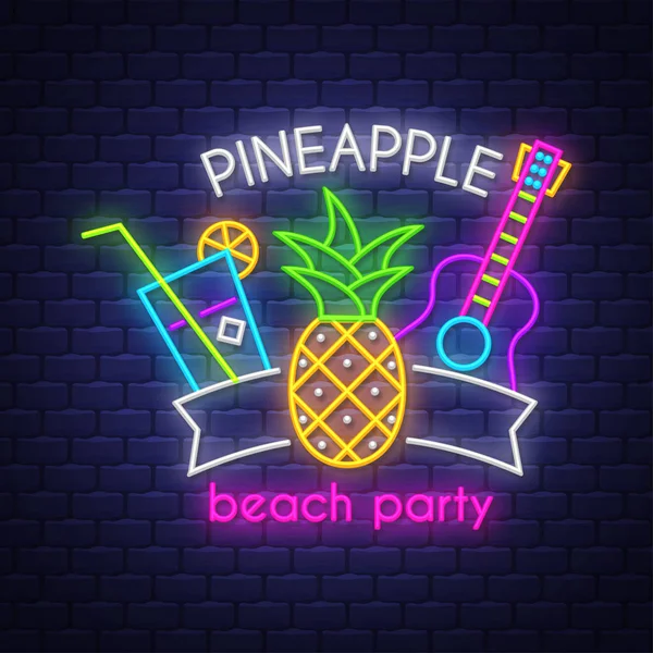 Festa sulla spiaggia di ananas. Manifesto delle vacanze estive. Bandiera estiva al neon — Vettoriale Stock