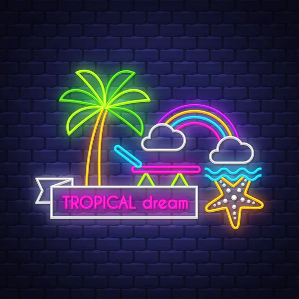 Sueño tropical. Afiche de vacaciones. Banner de verano de neón — Vector de stock