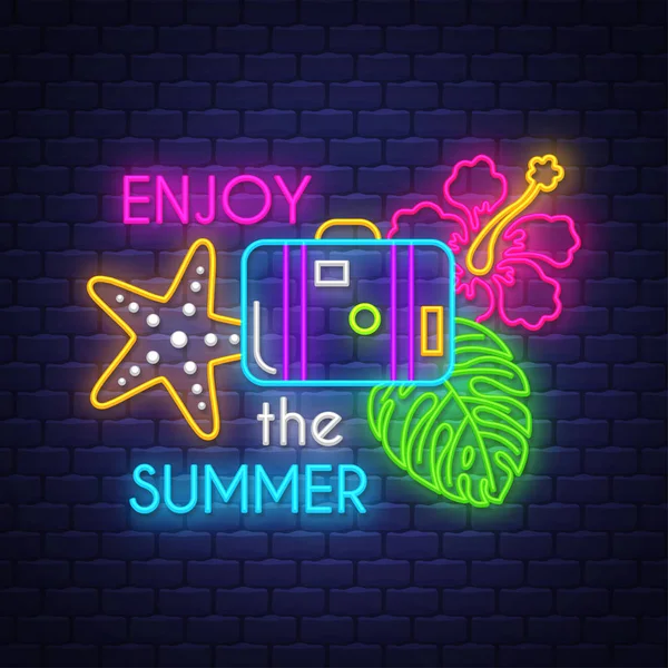 Njut av sommaren. Sommarsemester affisch. Neon Summer banner — Stock vektor