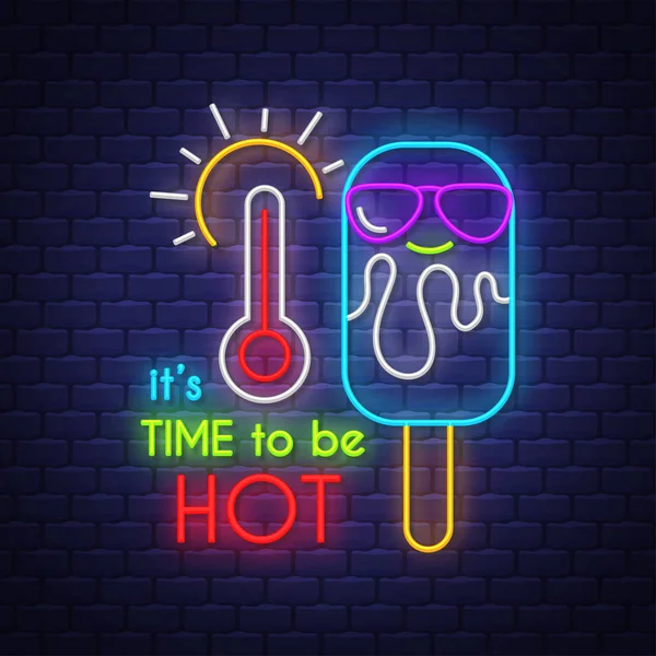 Het is tijd om warm te zijn. Zomer vakantie poster. Neon zomer banner — Stockvector