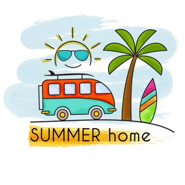 Yazlık ev. Suluboya yaz tatili afişi. Yaz afişi.