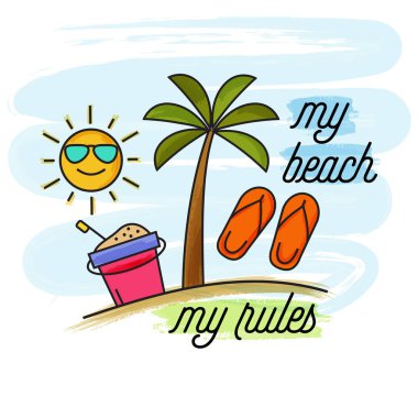 Plajım, kurallarım. Suluboya yaz tatili afişi. Yaz afişi.