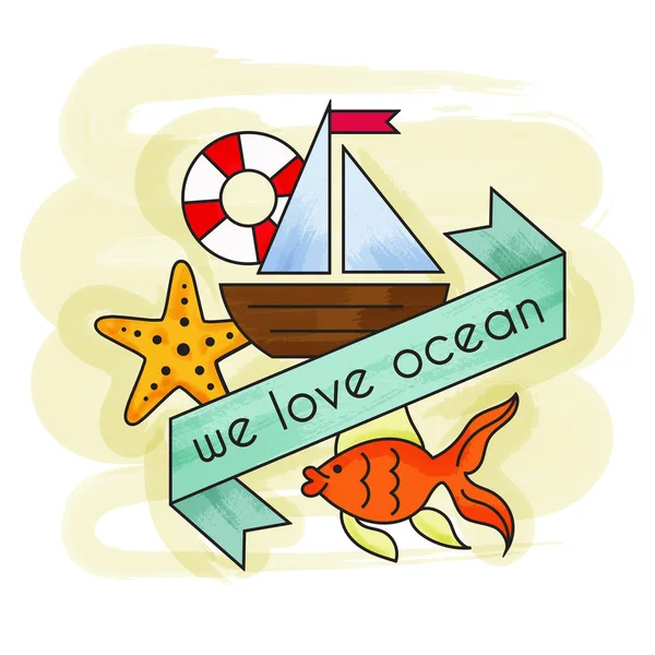 Adoramos o oceano. Cartaz de férias de verão aquarela. Banner de verão . — Vetor de Stock