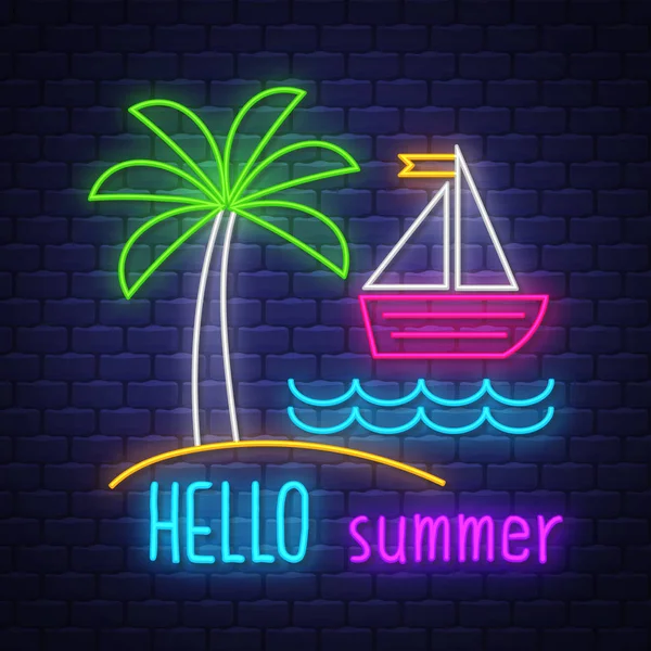 Hello summer. Summer holiday banner. Neon banner. Neon sign. — Stock Vector