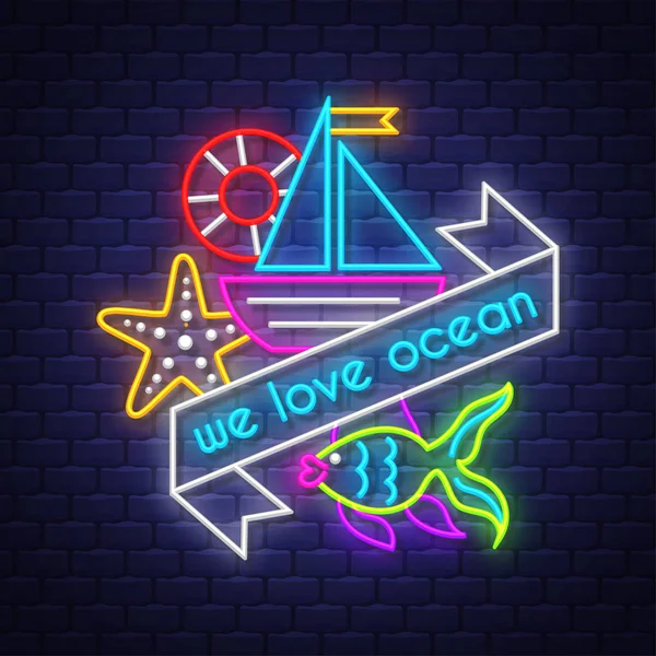 We houden van de Oceaan. Zomer vakantie poster. Neon zomer banner. — Stockvector