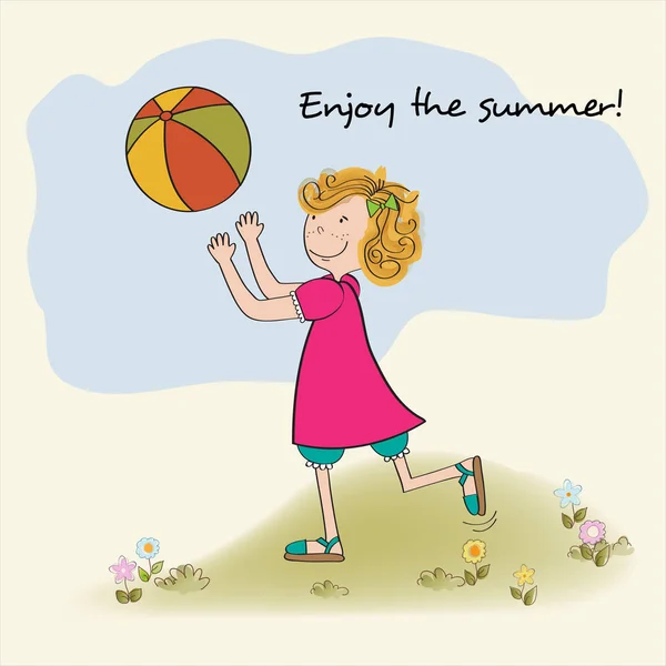 Мила дівчина грає в м'яч, літній святковий плакат — стоковий вектор