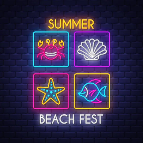 Summer beach fest. Summer holiday banner. Neon banner. Neon sign. — 图库矢量图片