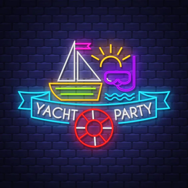 Festa in yacht. Banner per le vacanze estive. Stendardo al neon. Insegna al neon . — Vettoriale Stock