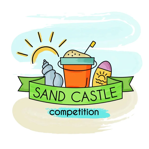 Competição do castelo de areia. Cartaz de férias de verão aquarela. Banner de verão . — Vetor de Stock