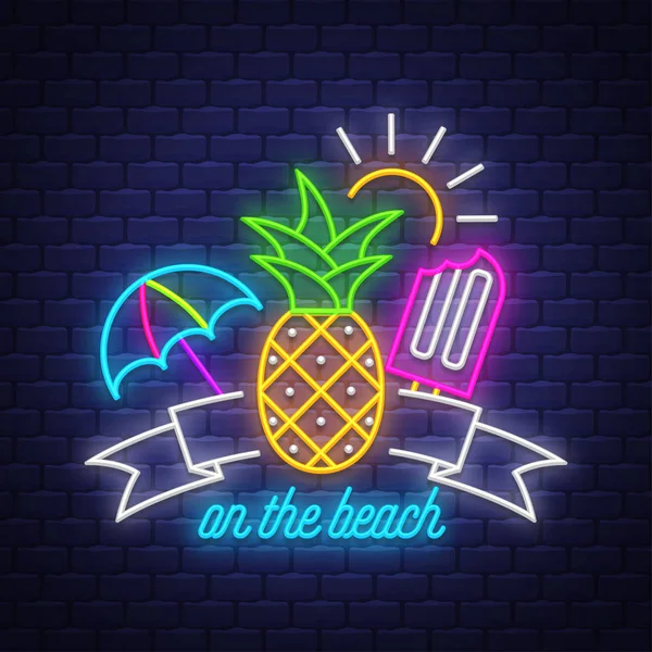 Sur la plage. Affiche des vacances d'été. Bannière d'été néon . — Image vectorielle