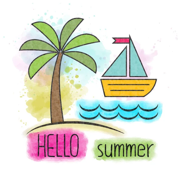 Hello summer. Watercolor summer holiday poster. Summer banner. — Stock Vector