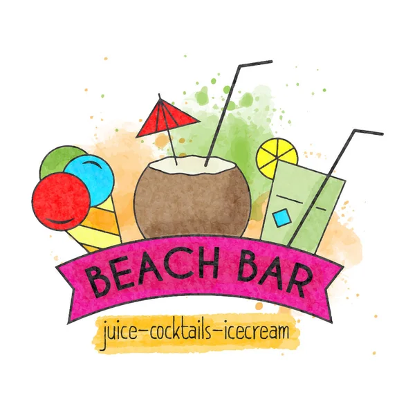 Bar en la playa. Acuarela cartel de vacaciones de verano. Banner de verano . — Vector de stock
