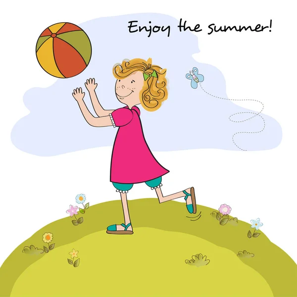 귀여운 소녀 놀이 공, 여름 휴가 포스터 — 스톡 벡터